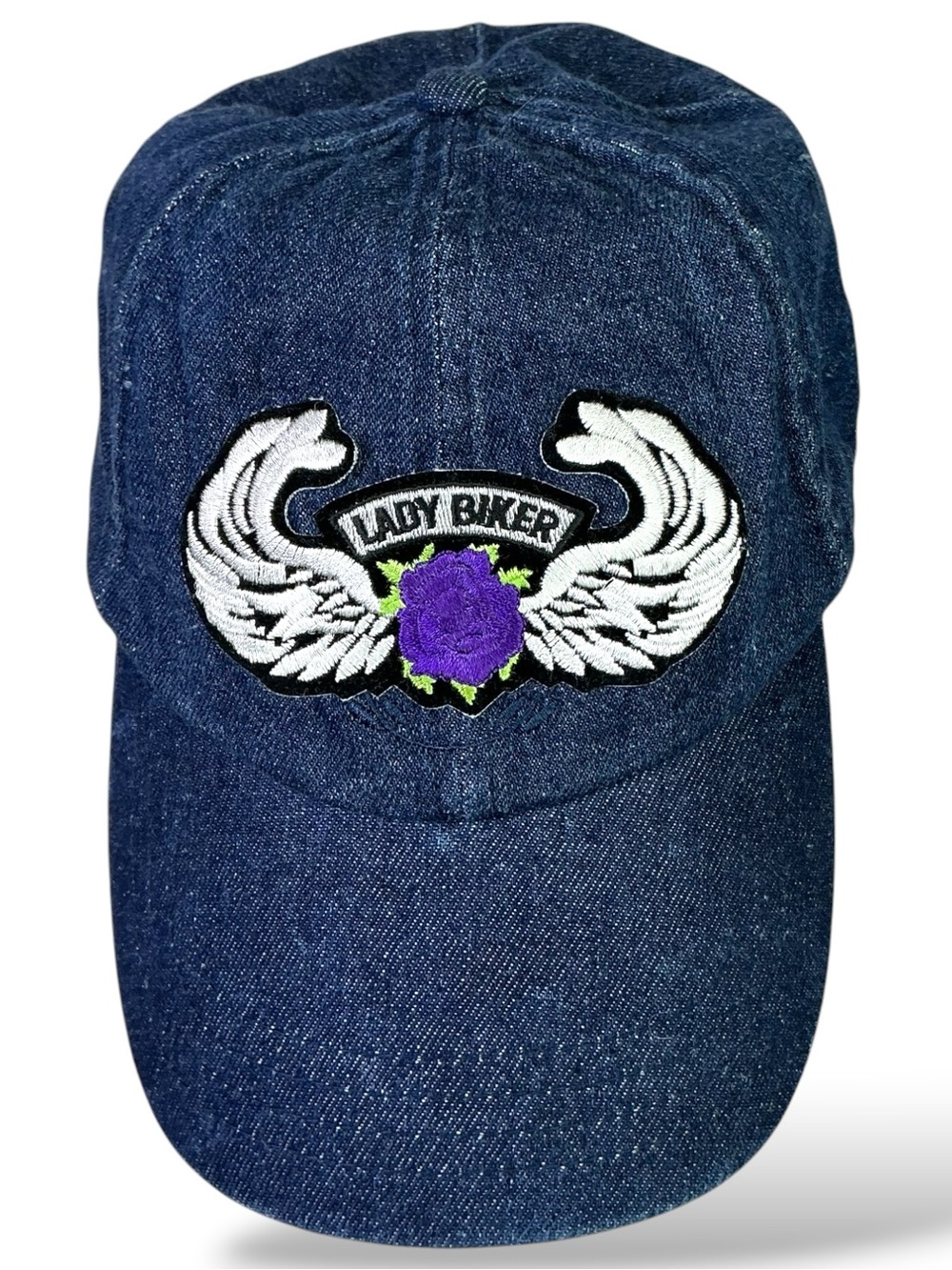 Lady Biker Baseball Cap Embroidered 100% Cotton Denim Blue Adjustable One Size